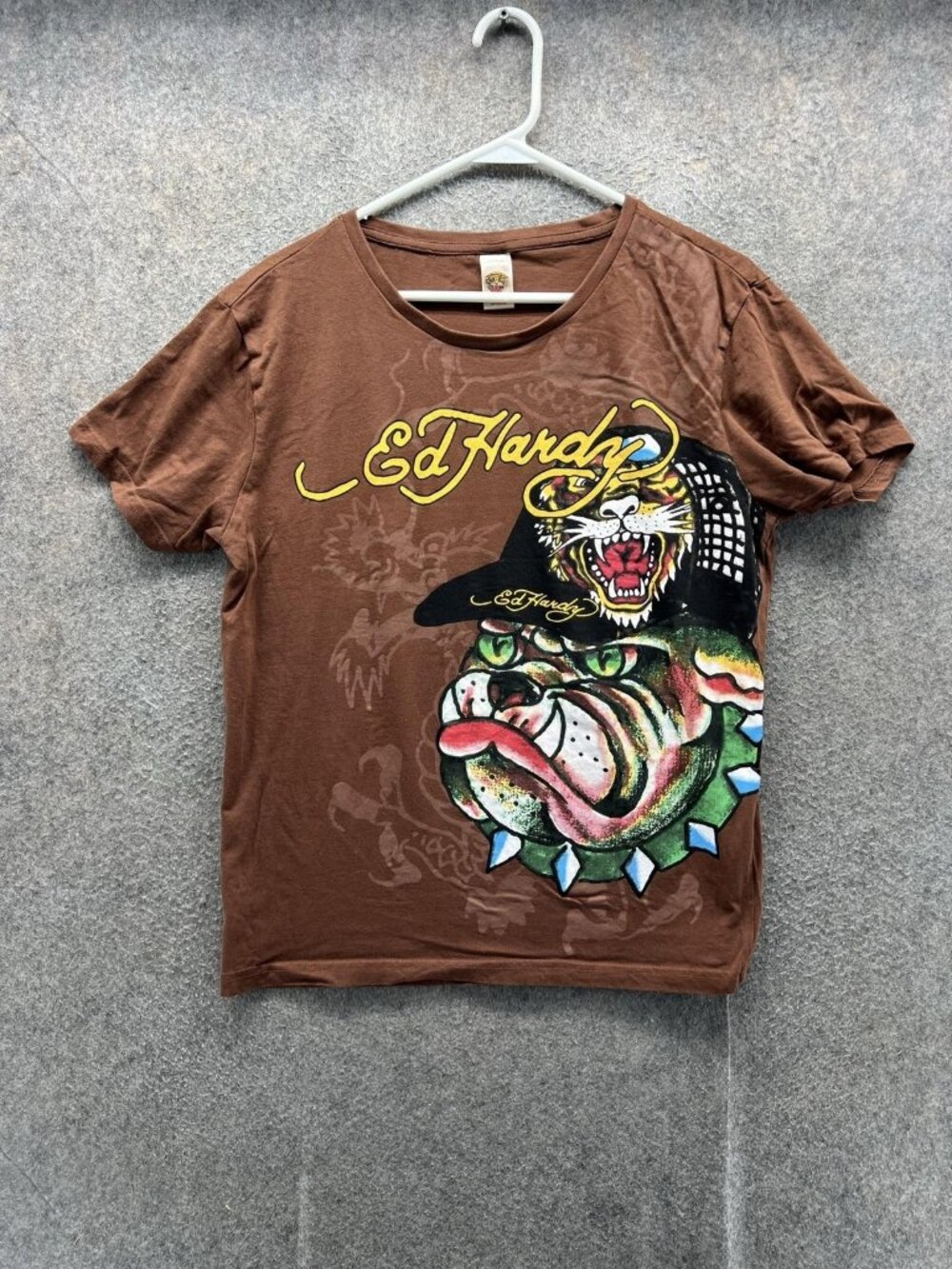 Ed Hardy Shirt Kids 18/20 Brown Tiger Bulldog Graphic Short Sleeve Tee Casual